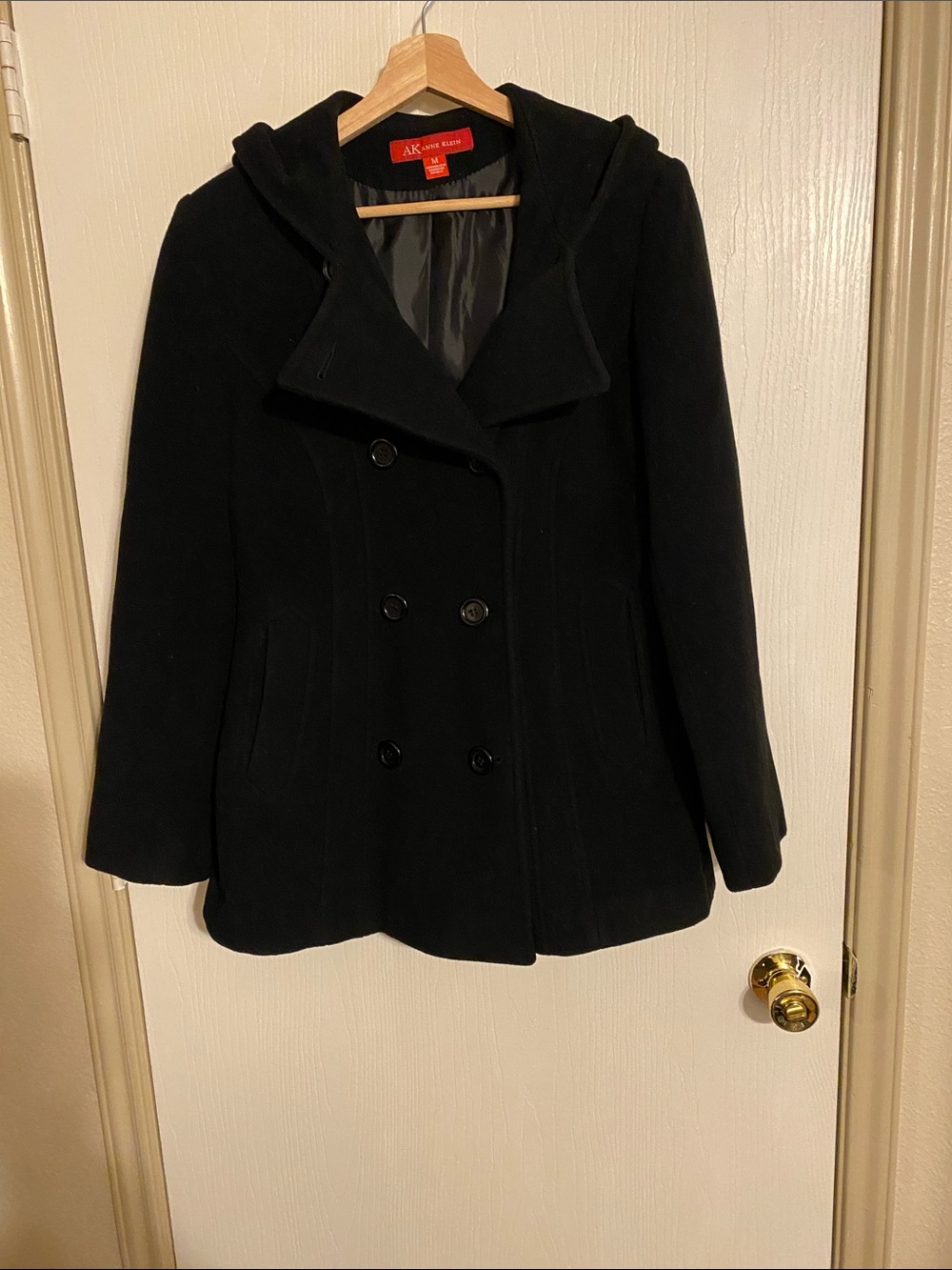 Anne Klein Black Hooded Double-Breasted Pea Coat